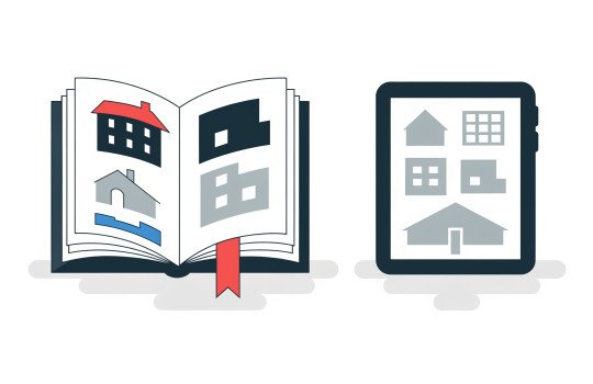 Разворот каталога объектов недвижимости и PDF-версия на планшете — печать и digital
